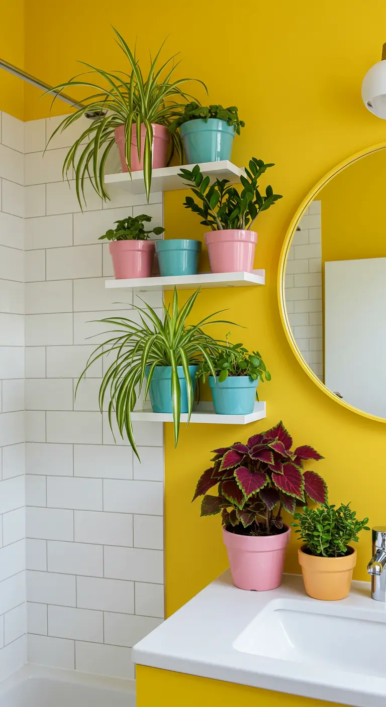 Gele badkamer met witte tegels en planten in gekleurde potten op zwevende planken