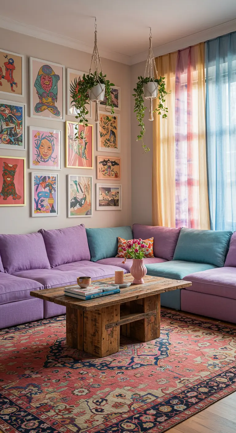 Kleurrijke woonkamer met lavendel bank, diverse kunstwerken, meerkleurige gordijnen.