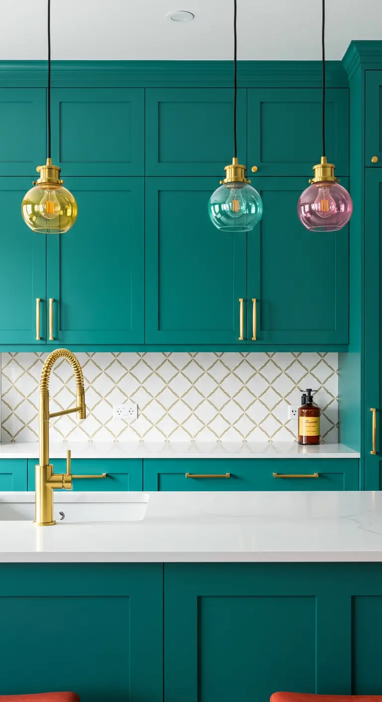 Teal keuken met gouden handgrepen, gouden kraan en hanglampen in verschillende kleuren glas.