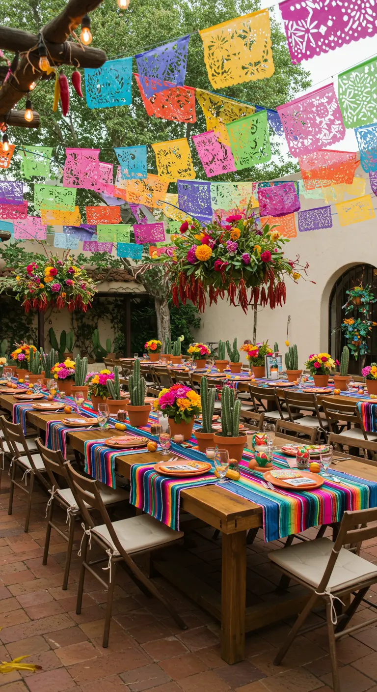 Kleurrijke Mexicaanse trouwdecoratie met papel picado, serape en cactussen.