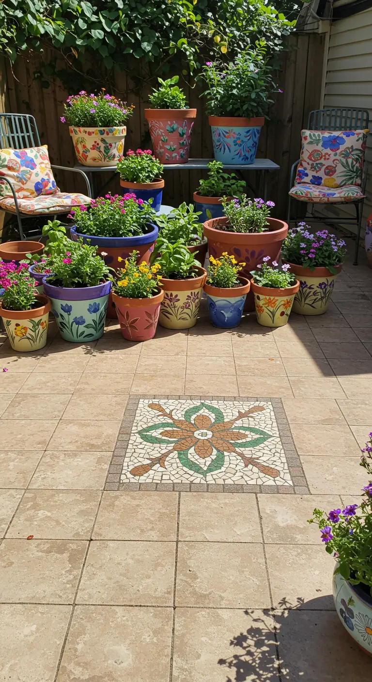 Beige tegelterras met mozaïek patroon in het midden, omringd door vrolijk beschilderde bloempotten vol bloemen.