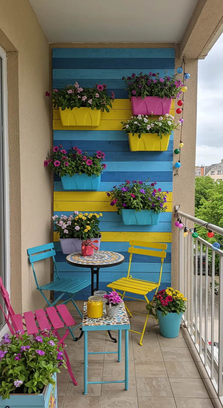 Vrolijk balkon met een verticaal houten wandpaneel in blauw-gele strepen en felgekleurde bloempotten.