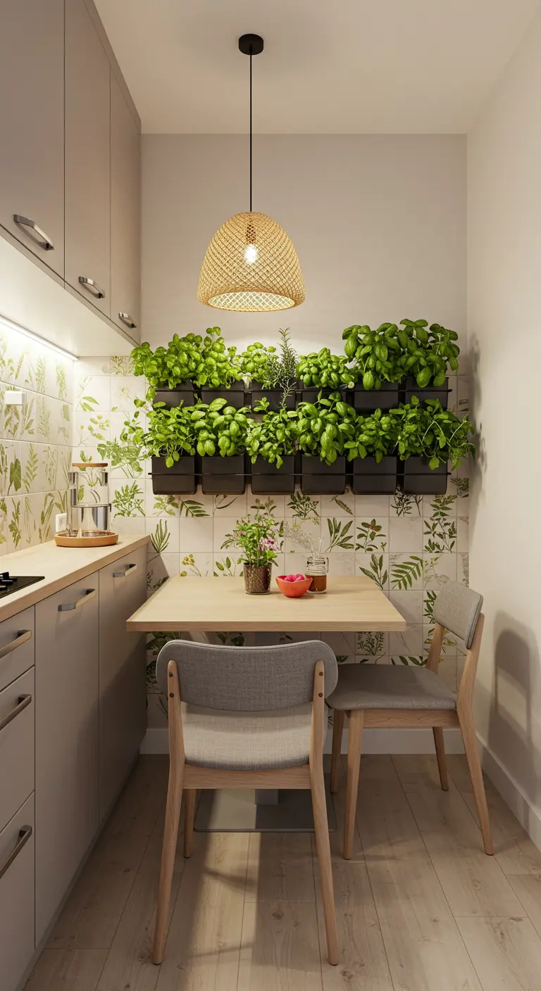 Kleurrijke eetkamer met bloemenschilderijen, een tafel met botanische print, verschillende gekleurde stoelen en bloemenvazen.