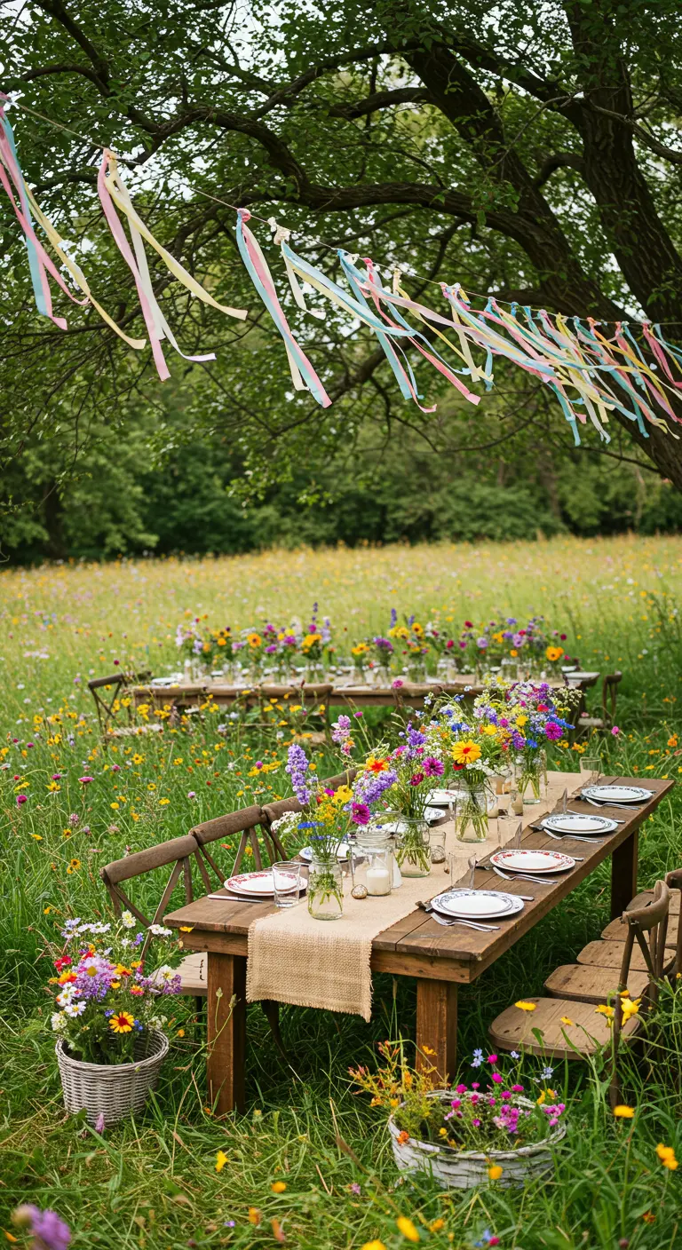 Lange houten tafels in een bloemenweide, versierd met veldbloemen en gekleurde linten in een boom.