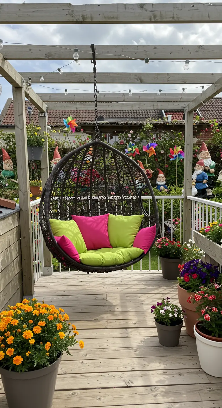 Dakterras met eivormige hangstoel, felgekleurde kussens, bloempotten en tuinkabouters.