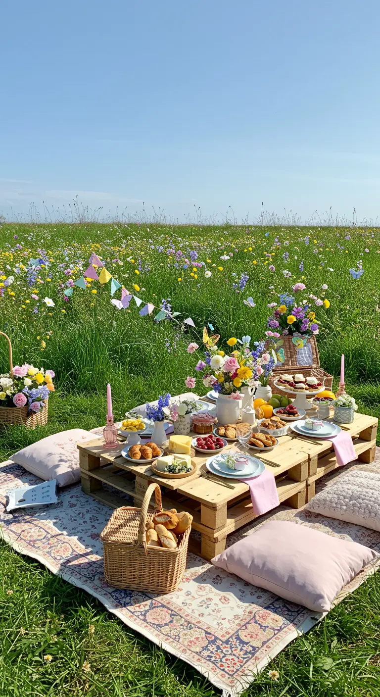 Kleurrijke picknick in bloemenweide met pallet-tafels, vlaggetjes en veldbloemen.