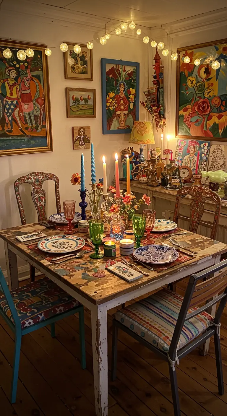 Kleurrijke eettafel met vrolijke kaarsen, glaswerk en kunstwerken op de achtergrond.