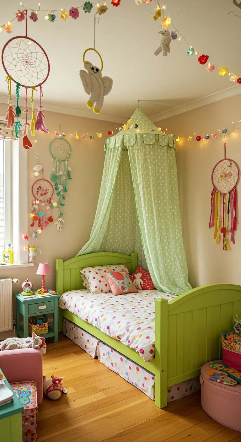 Kleurrijke kinderkamer met groen polkadot luifelbed, vrolijke slingers en dromenvangers.