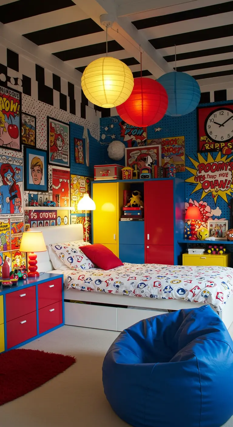 Slaapkamer in pop-art stijl met felle kleuren, stripboekprints en lampionnen aan het plafond.