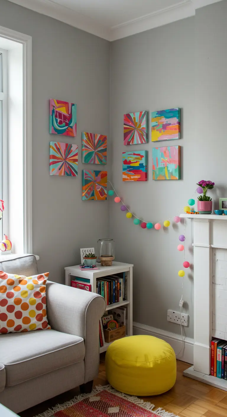 Kleurrijke abstracte schilderijtjes speels opgehangen in een hoek van een kamer.