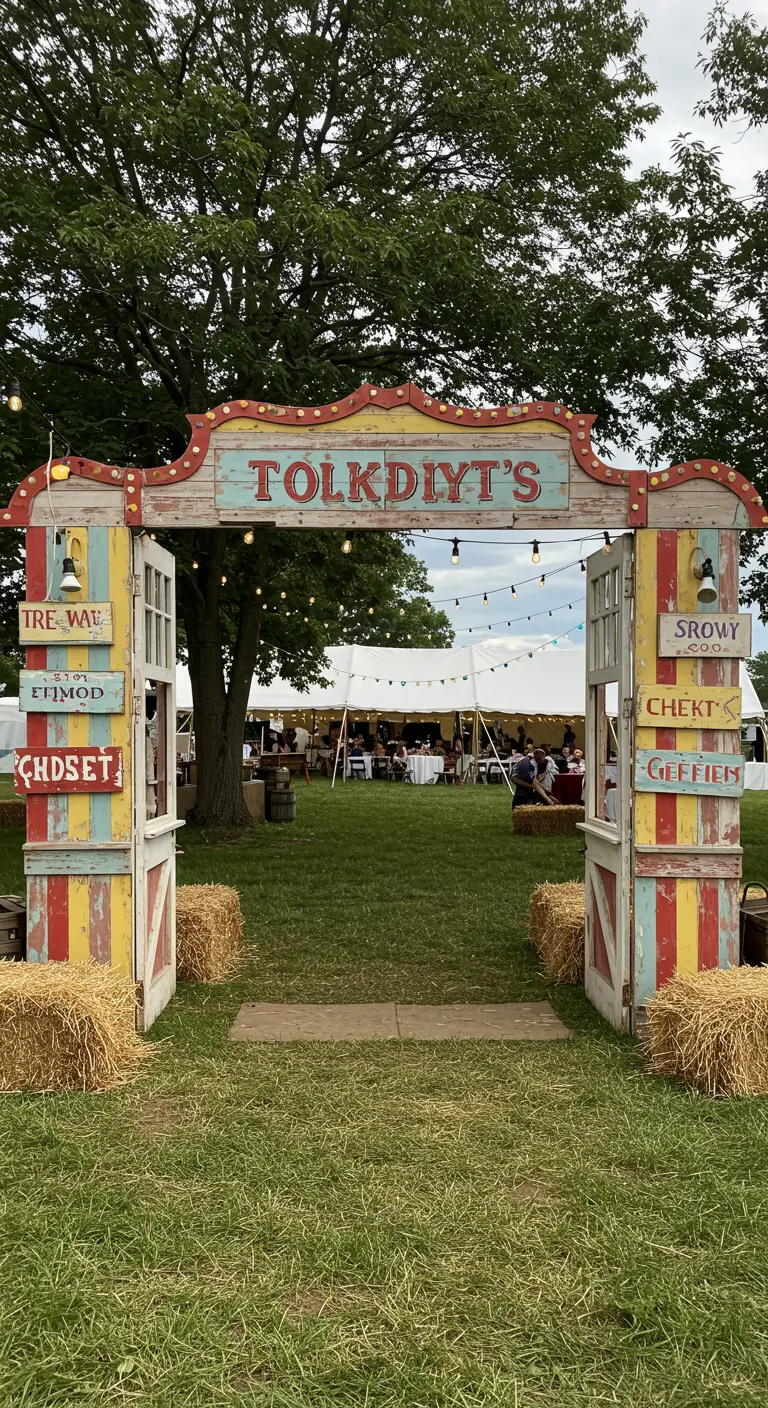 Kermis-stijl entreeboog met beschilderde borden, strobalen en priklichten.