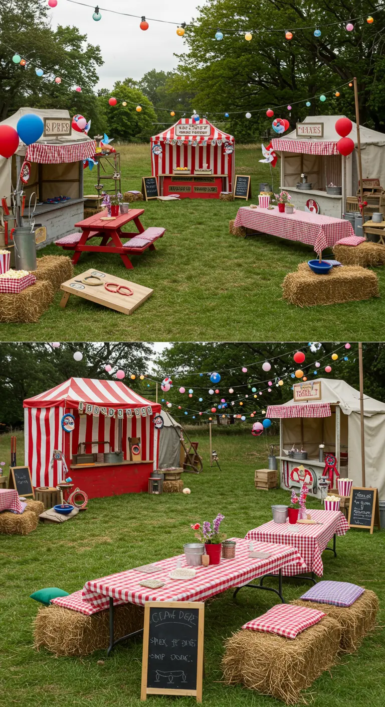 Kermis thema feest in tuin met rood-witte kraampjes, picknicktafels en hooibalen.