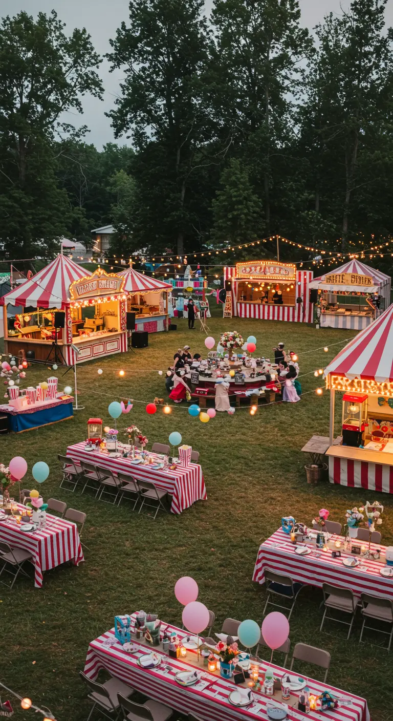 Bruiloft in kermisstijl met gestreepte tenten, tafels en vrolijke decoraties buiten.