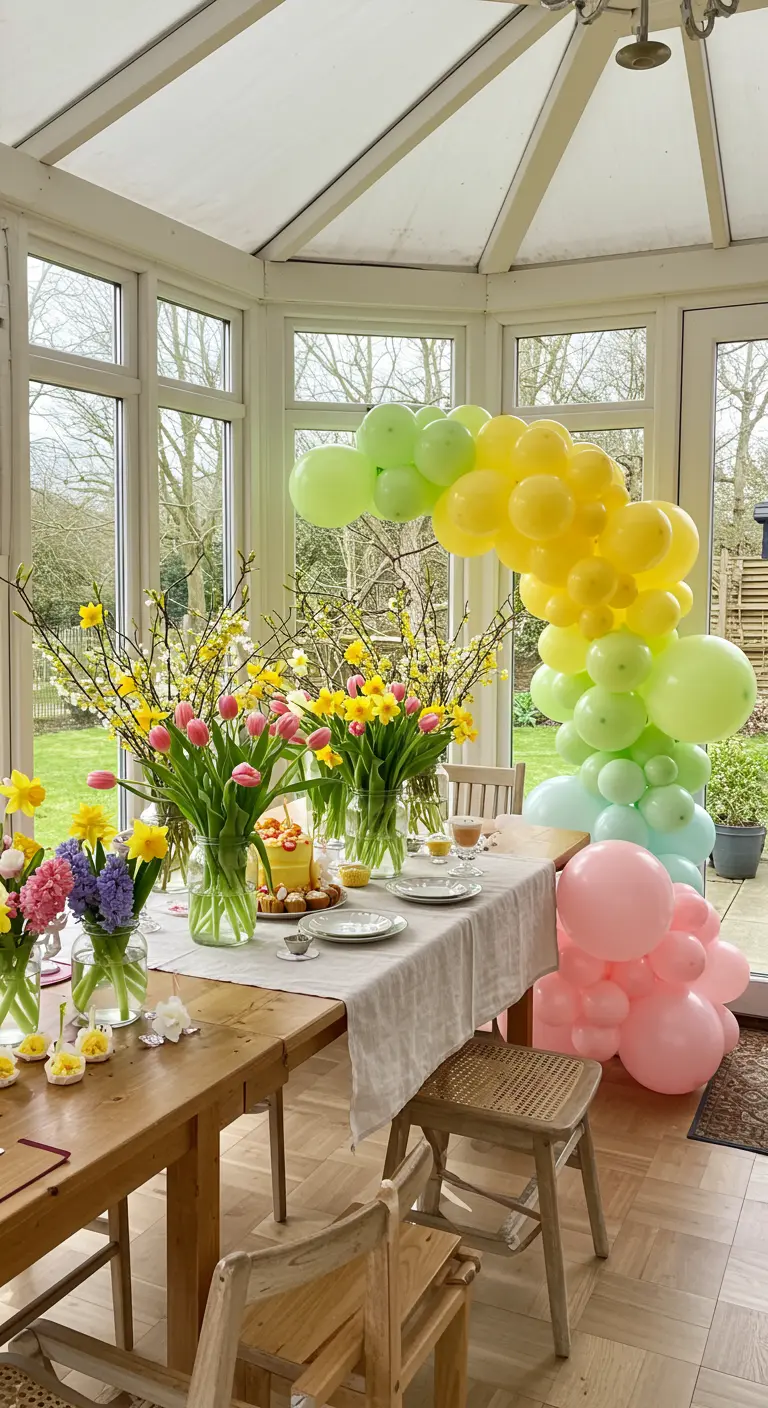 Lentetafel met kleurrijke ballonnenslinger en verse lentebloemen in vazen.