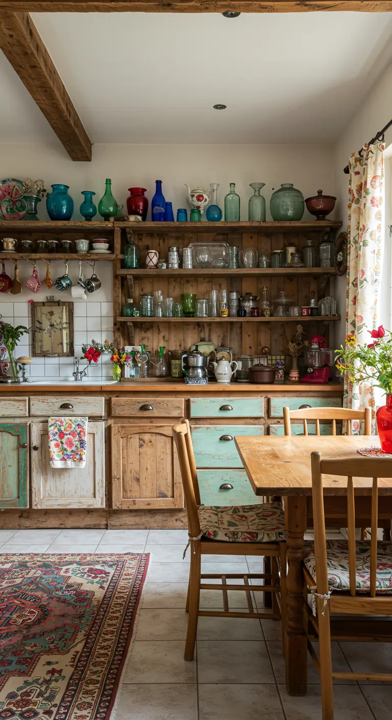Eclectische rustieke keuken met houten kasten en mintgroene laden, open planken met kleurrijk glaswerk en een rood tapijt.