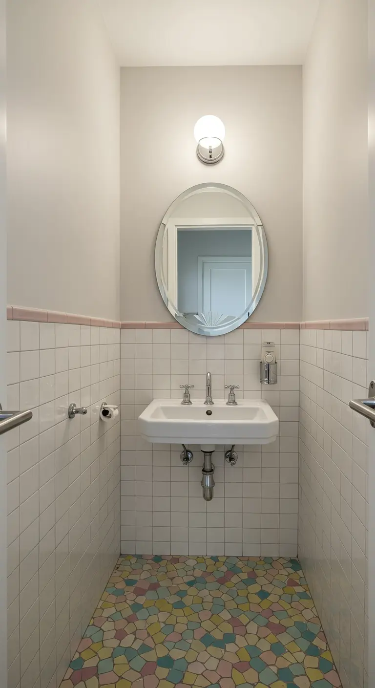 Klein toilet met pastelkleurige mozaïekvloer en witte vierkante wandtegels.