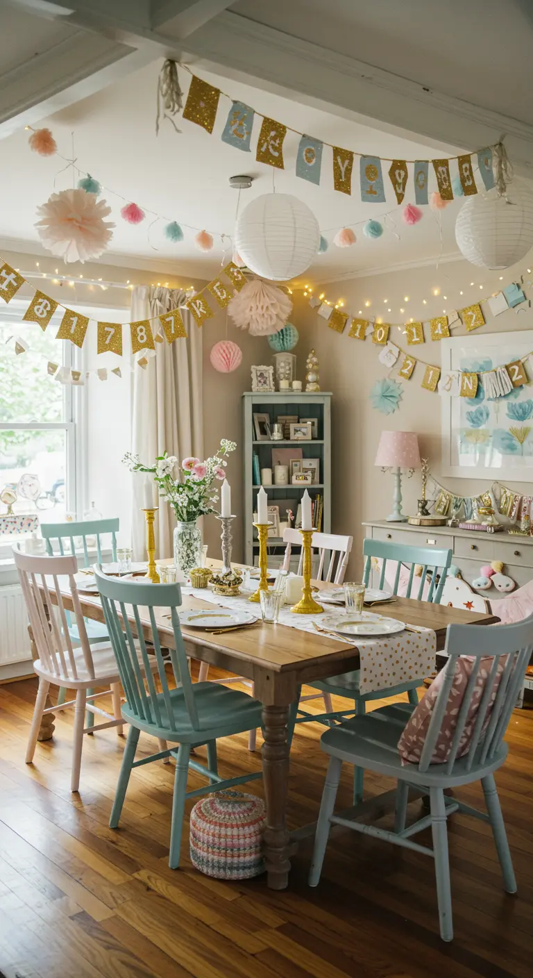 Eetkamer met pastelkleurige feestdecoratie, vlaggetjes en lampionnen.