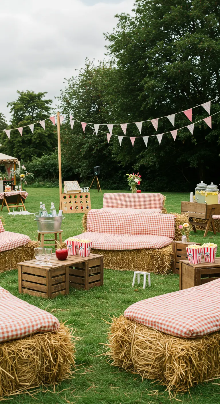 Picknick lounge met hooibalen, rood-wit geblokte kleden en houten kistjes.