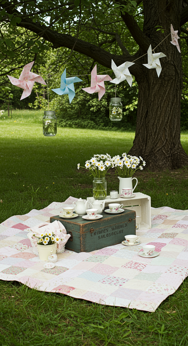 Picknicksetting in het gras met een patchwork kleed, windmolentjes en bloemen.