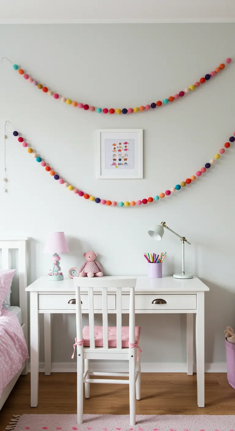 Twee slingers van kleurrijke viltbolletjes opgehangen boven een wit bureau in een kinderkamer.