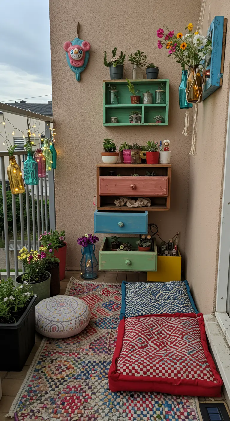 Levendig balkon met gekleurde lades aan de muur, vloerkleden en potplanten.