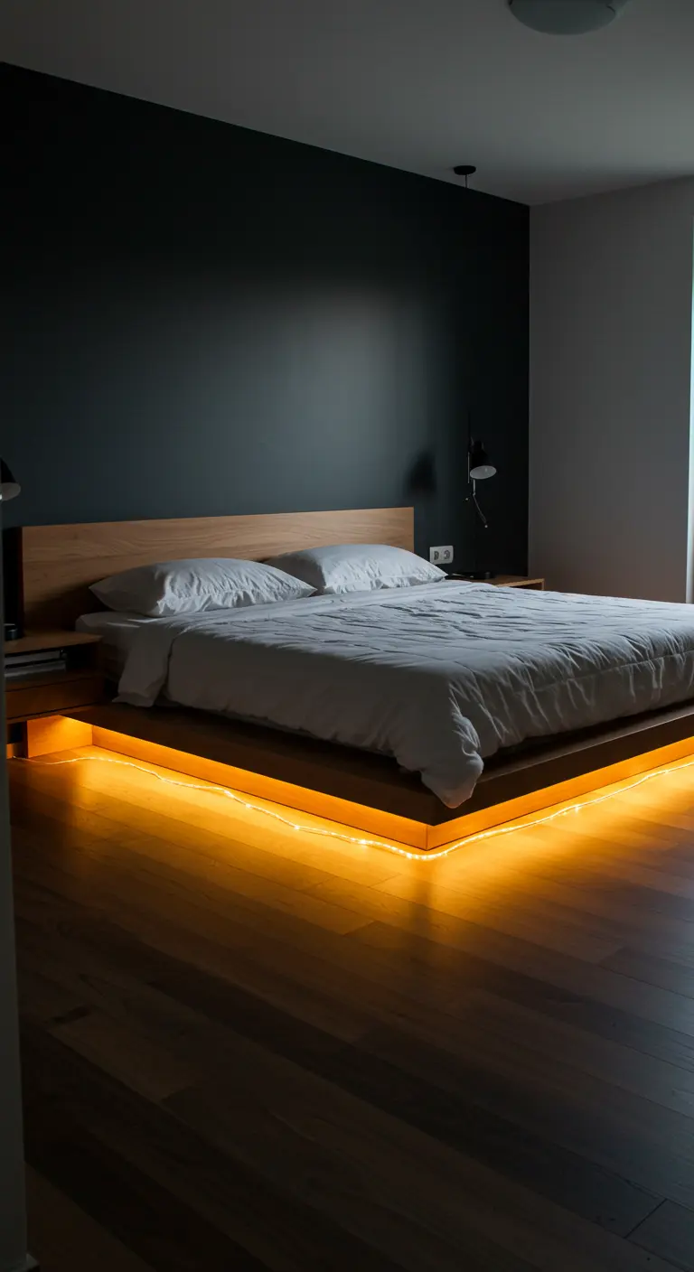 Slaapkamer met donkere muur en oranje LED-verlichting onder het houten bedframe.