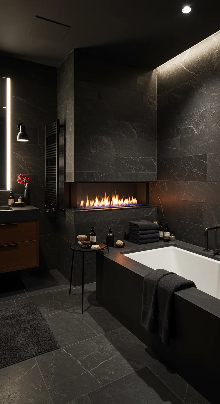 Luxe donkere badkamer met natuursteen, ingebouwde gashaard naast het bad.