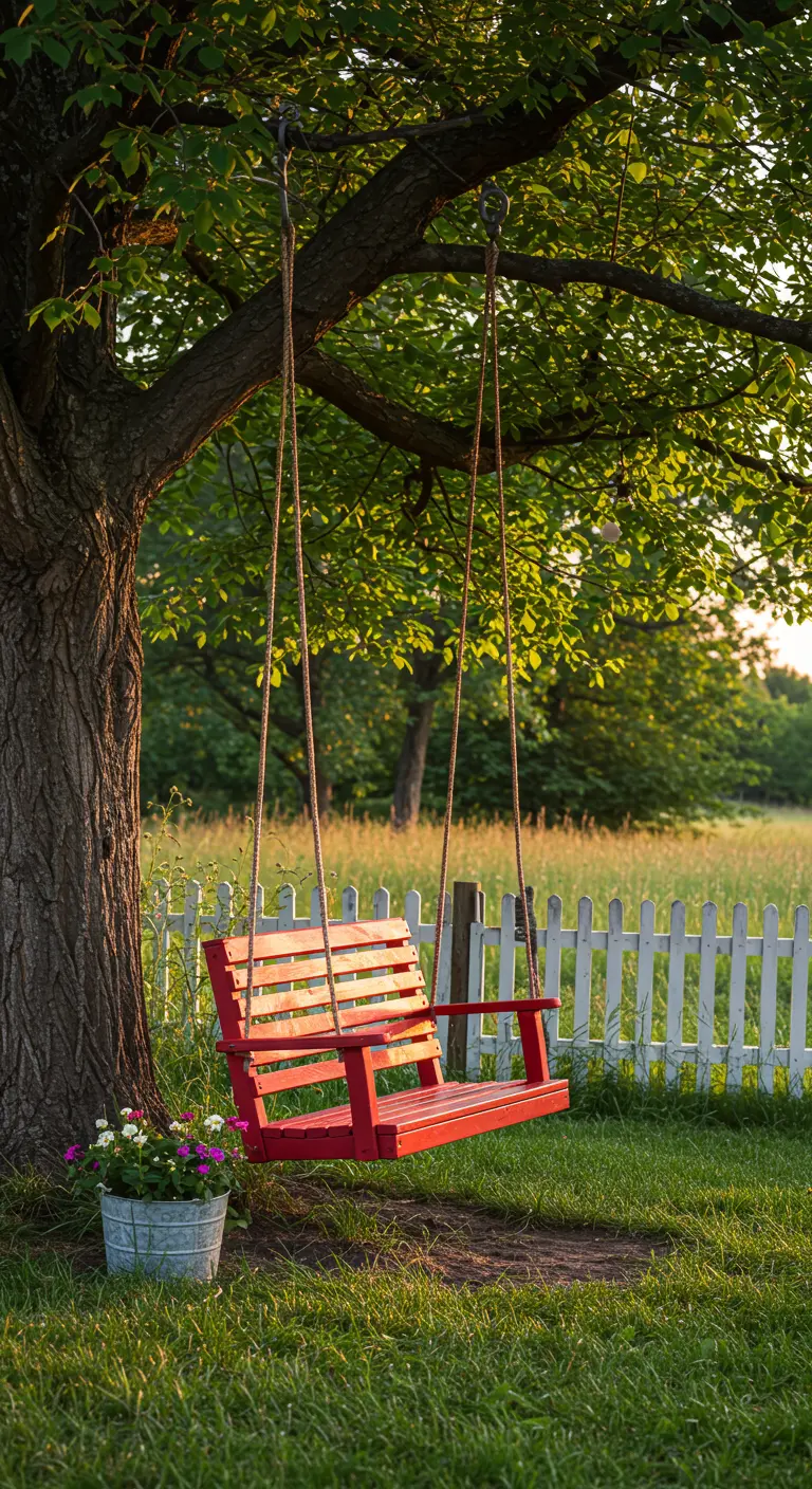 Rode houten schommelbank hangend aan een boom, naast een wit hek in een landelijke tuin.