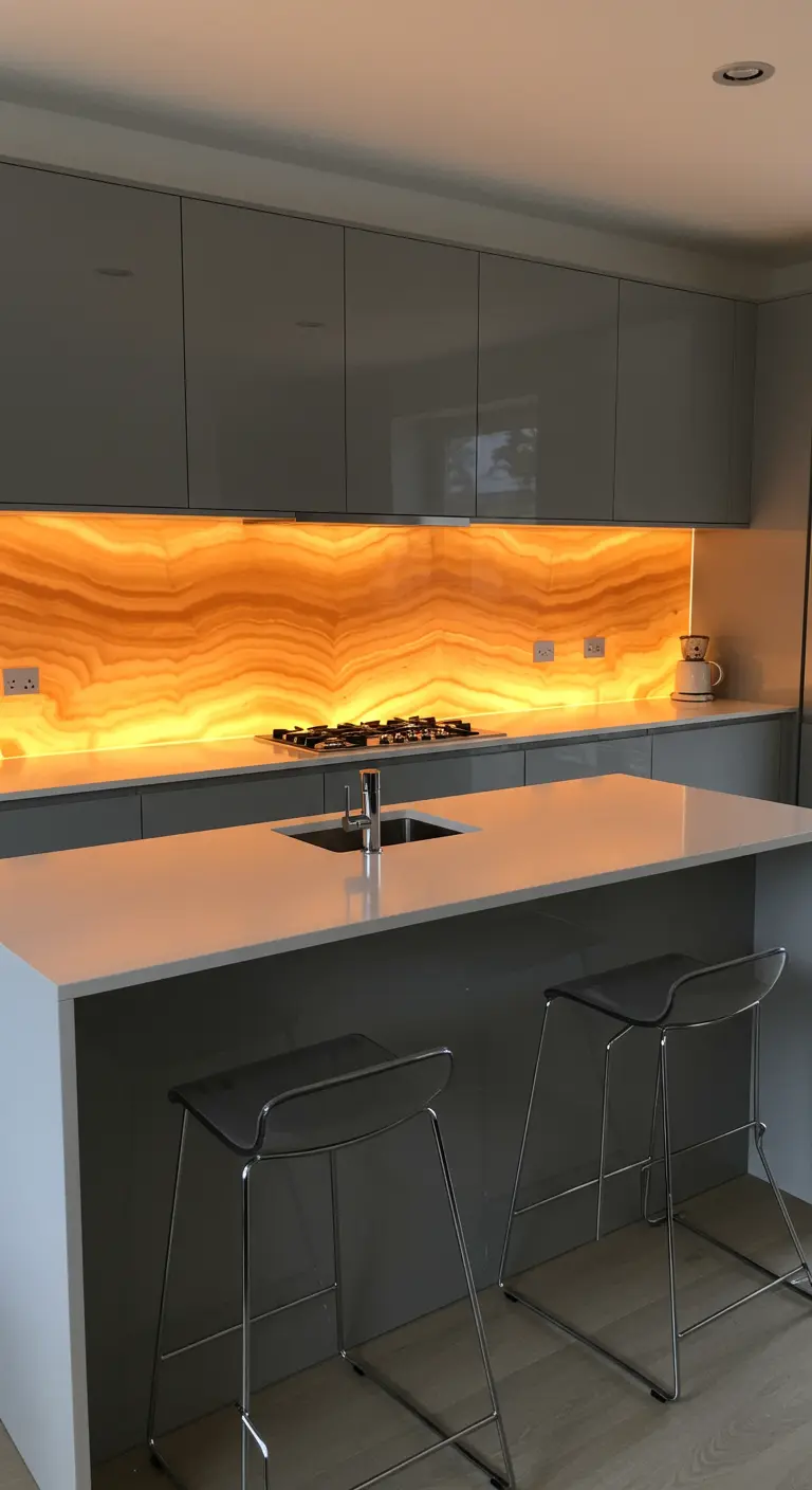 Moderne grijze keuken met een spectaculaire, verlichte glazen achterwand met oranje-gele onyx-look.