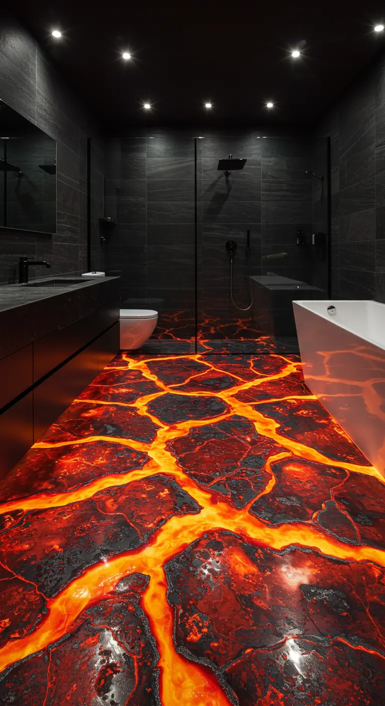 Donkere badkamer met een dramatische epoxyvloer die een gloeiende, gebarsten lavastroom voorstelt.