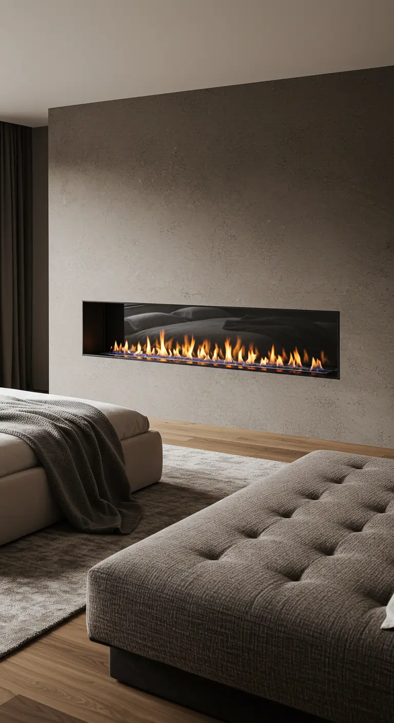 Moderne slaapkamer met een lange, ingebouwde gashaard in de muur.