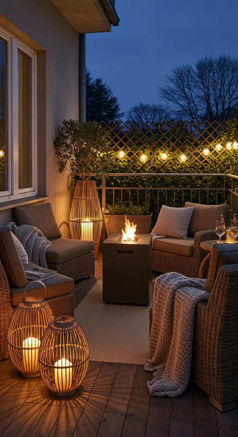 Rieten fauteuils rond een vuurtafel op een balkon bij nacht, met lantaarns en plaids.