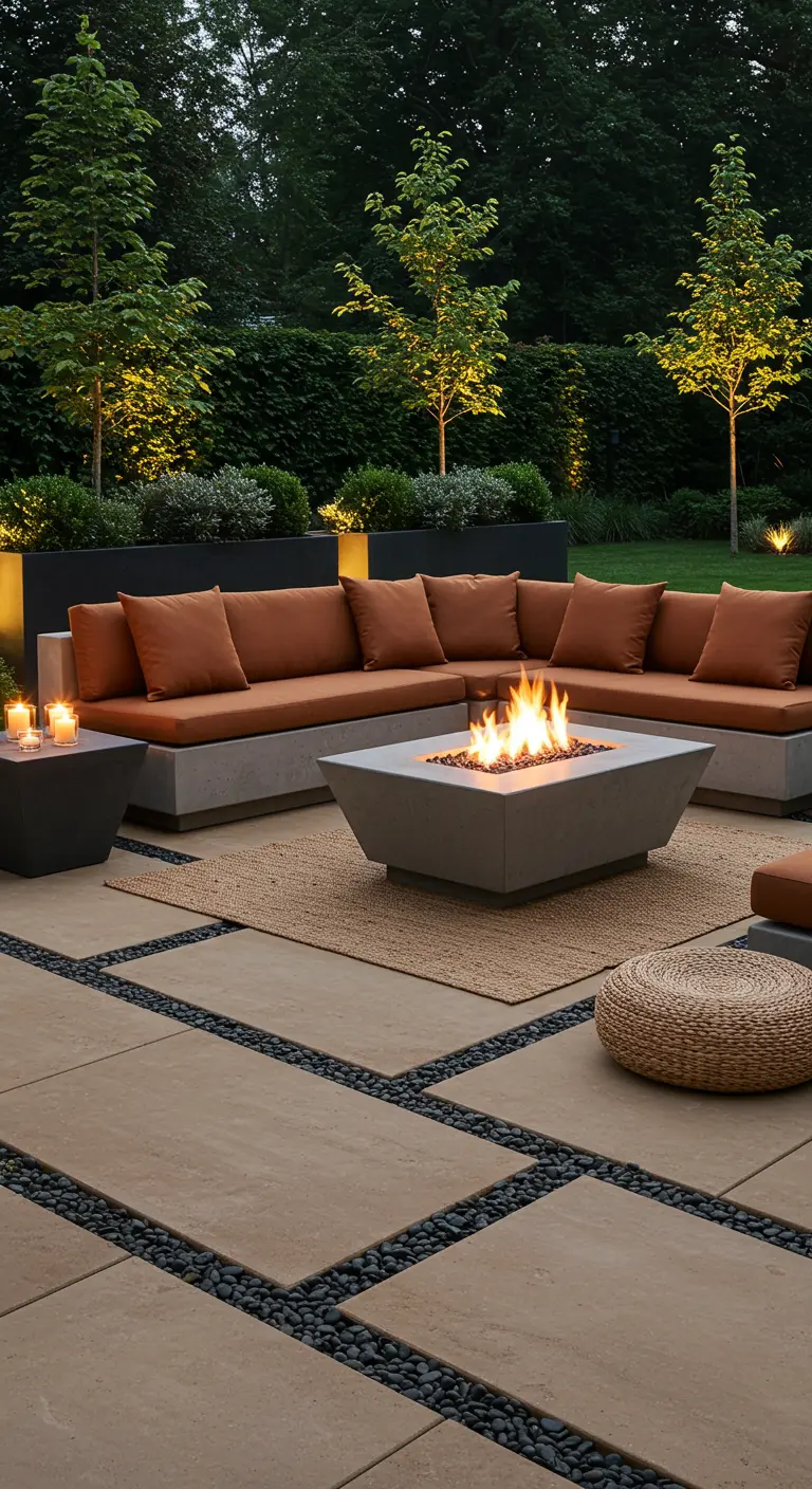 Moderne tuin met betonnen U-vormige loungebank en vierkante betonnen vuurtafel.