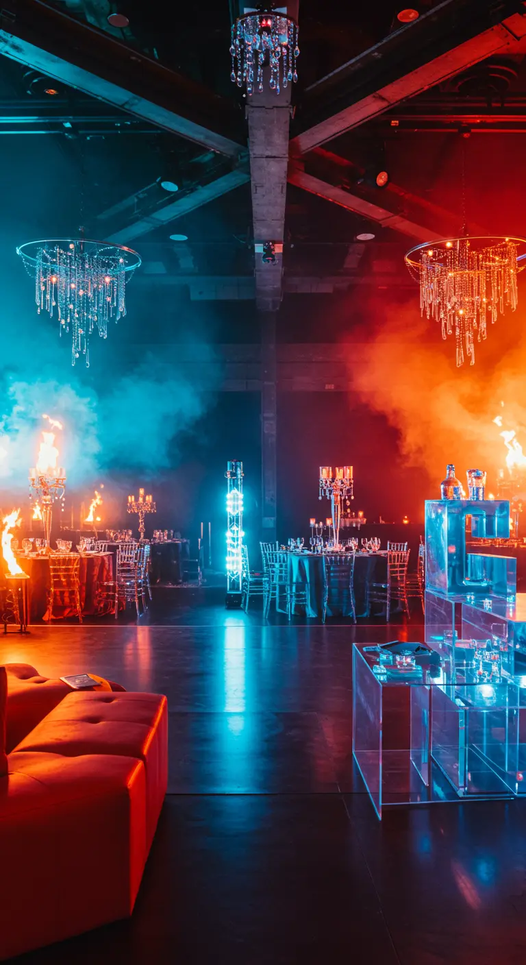 Industriële bruiloft met blauwe en oranje verlichting, vuurelementen en rook.