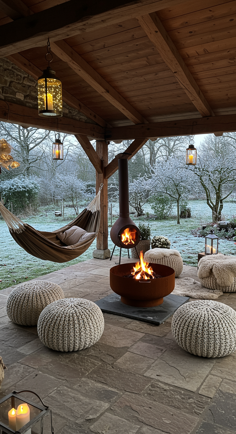 Overdekt terras met hangmat, vuurschaal, gebreide poefs en lantaarns in winterse tuin.