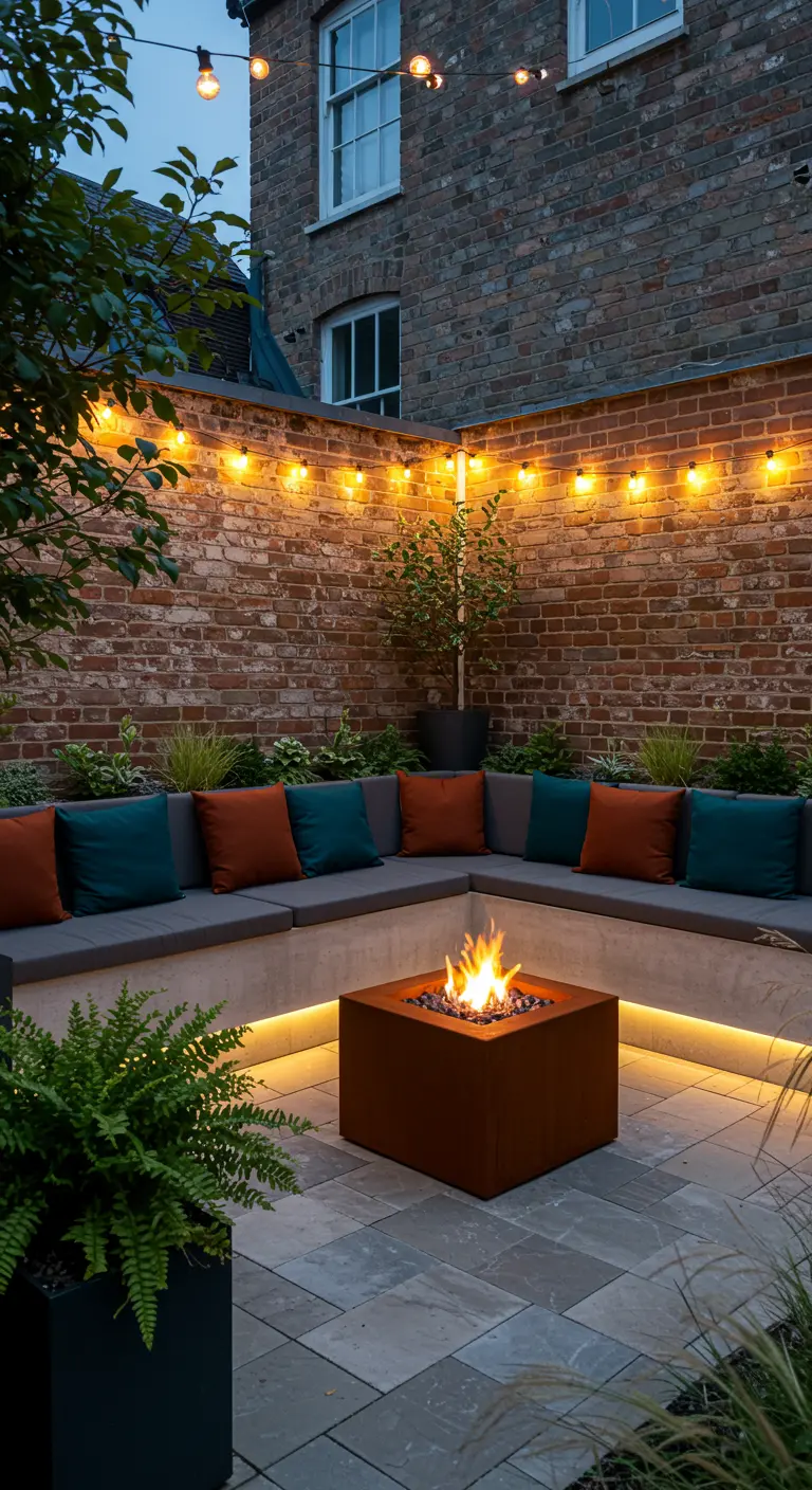 Moderne tuin met ingebouwde U-bank, vuurplaats en sfeerverlichting.