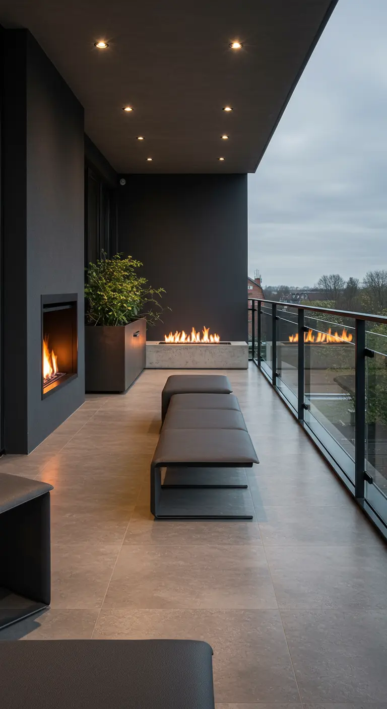 Modern industrieel balkon met ingebouwde gashaard, donkere kleuren en glazen balustrade.