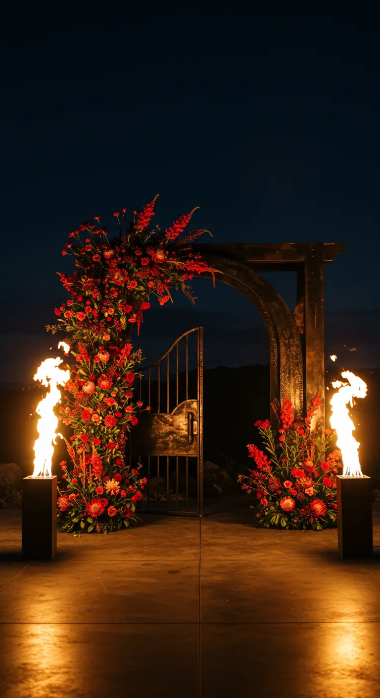 Donkere metalen boog met rode bloemen en vlammen aan weerszijden.