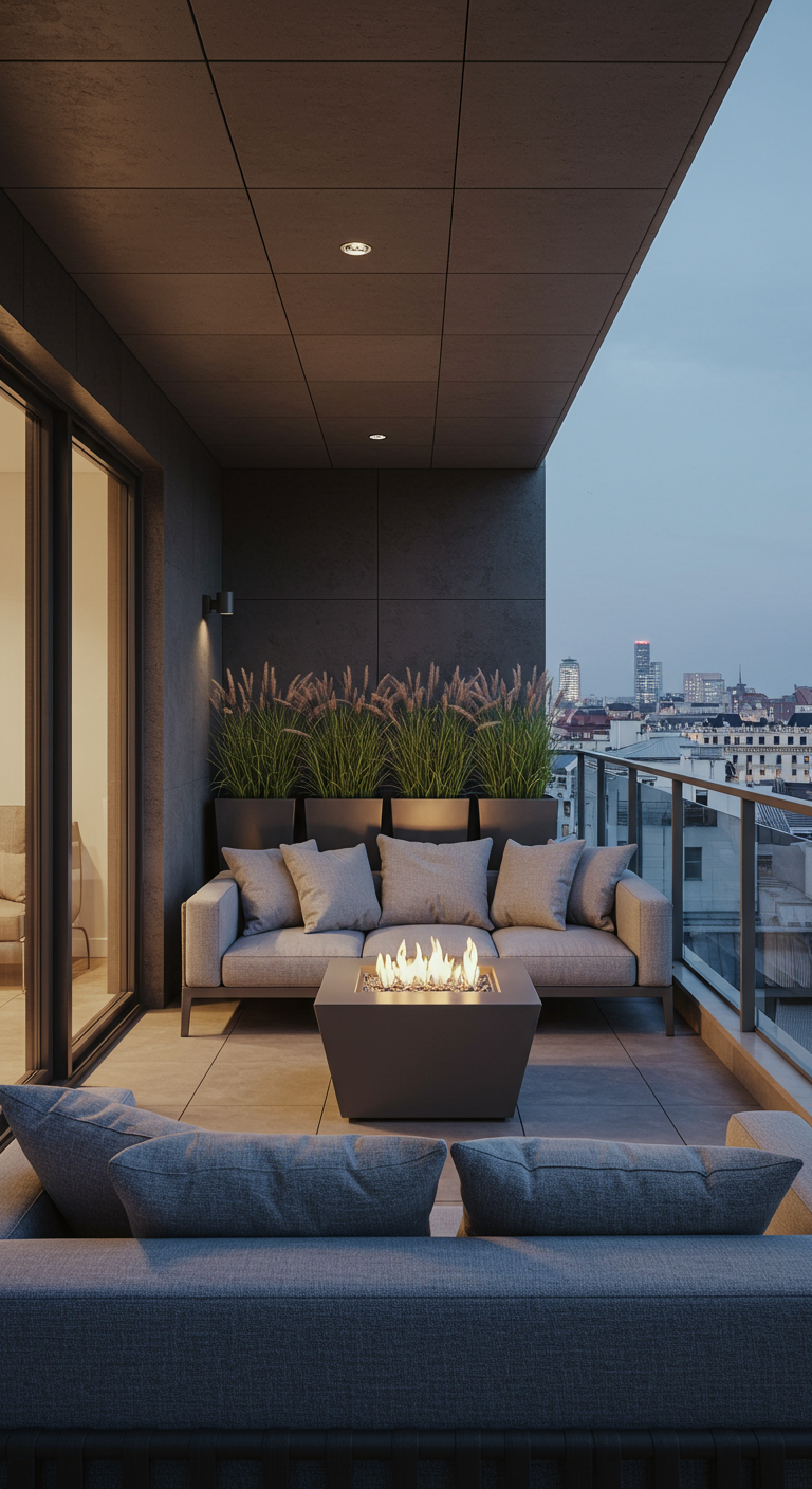 Modern balkon met grijze loungebank en een brandende vuurtafel in de avond.