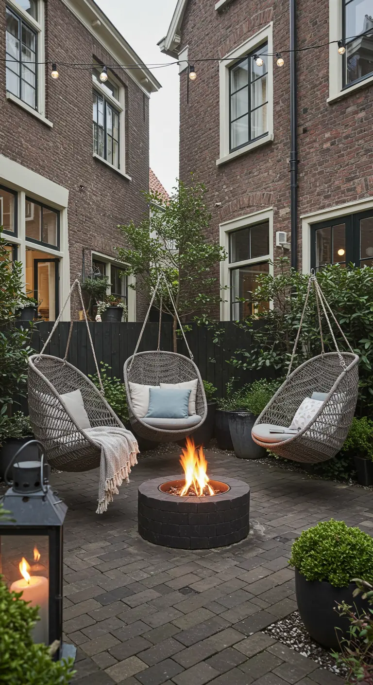 Drie rotan hangstoelen rond een brandende vuurkorf in een stadstuin.