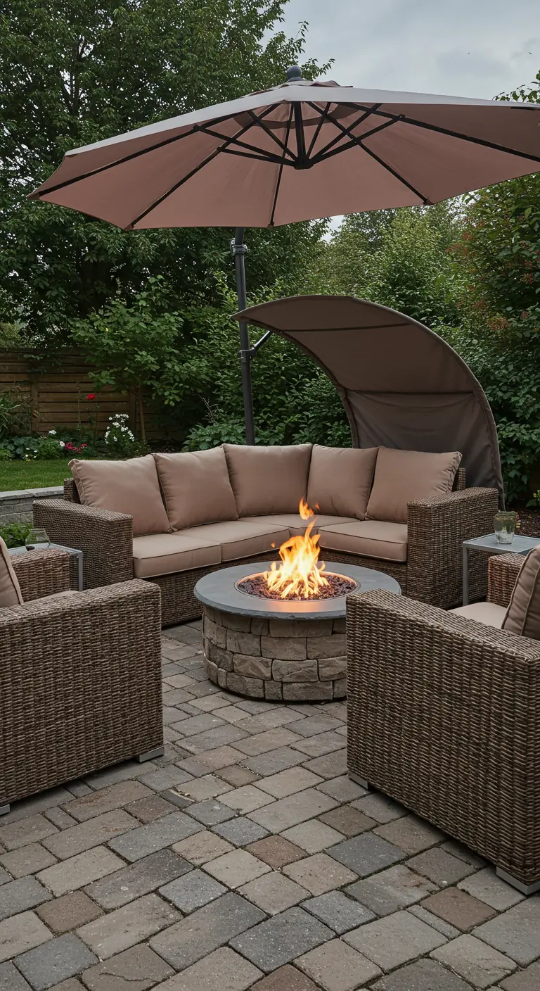 Donkere polyrotan loungebank rondom een vuurkorf op een stenen terras.