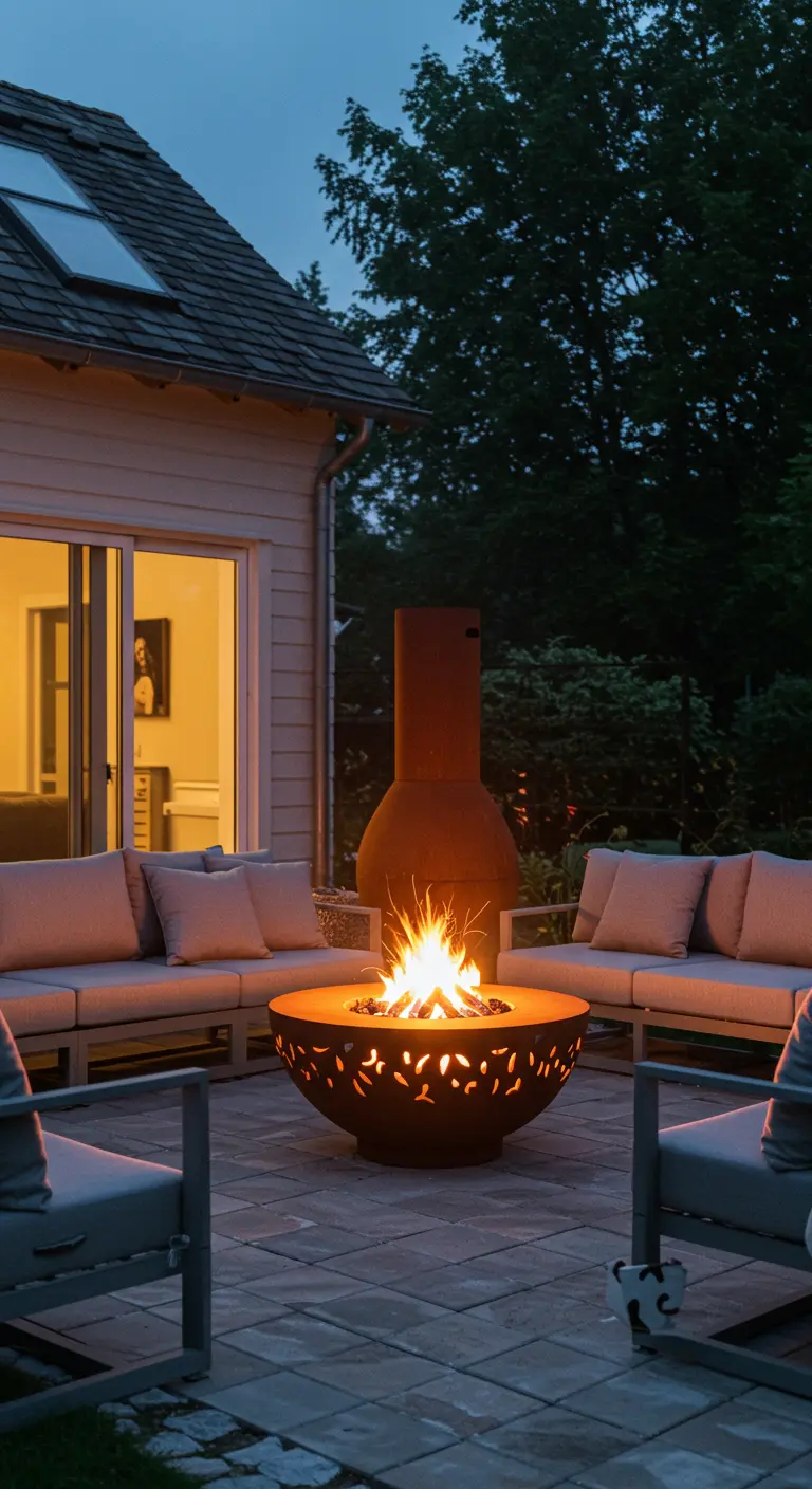 Terras met comfortabele stoelen rond een brandende metalen vuurschaal met uitgesneden patronen.