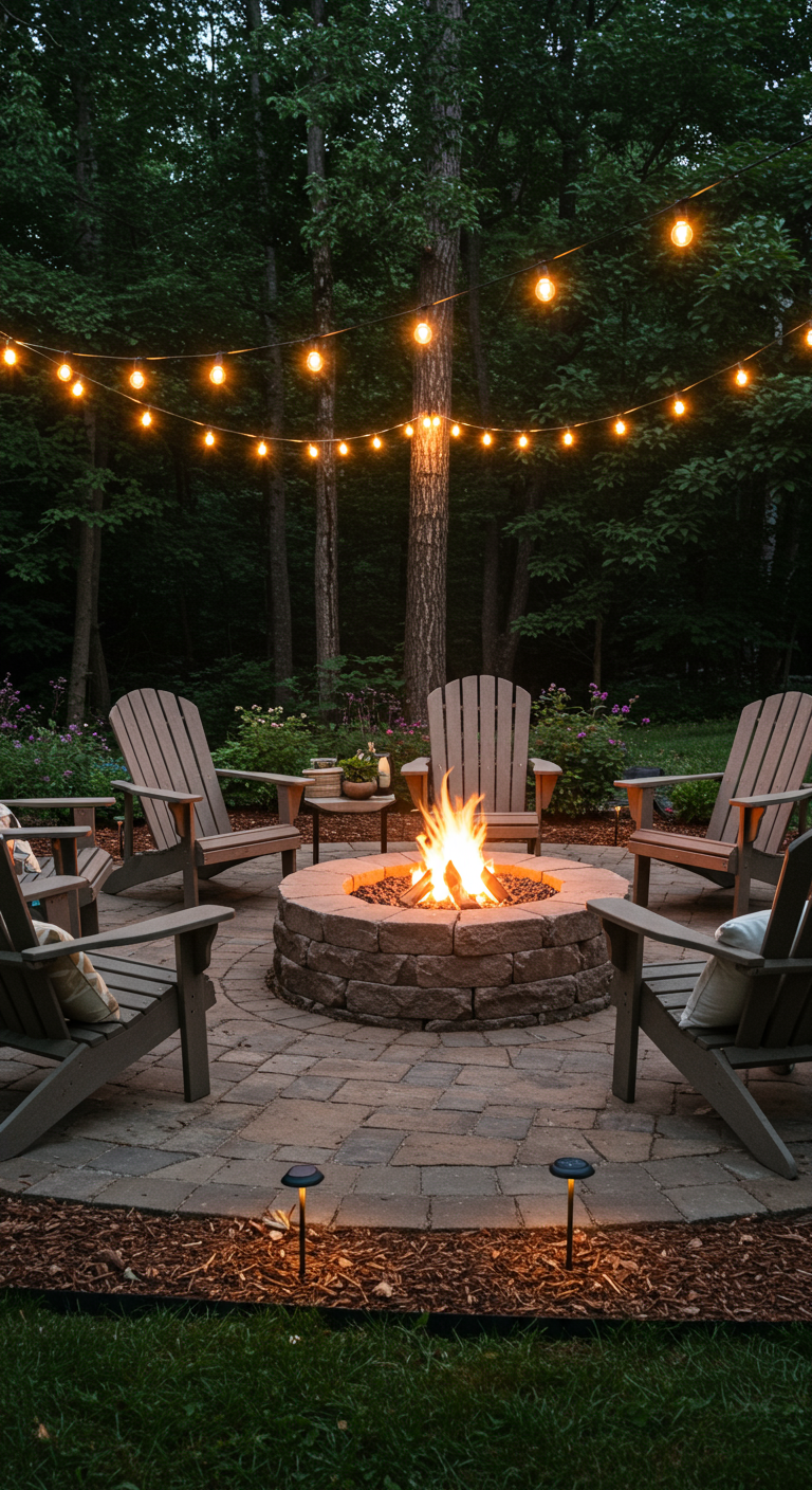 Zithoek in de tuin met een vuurkorf, Adirondack stoelen en een lichtslinger erboven.