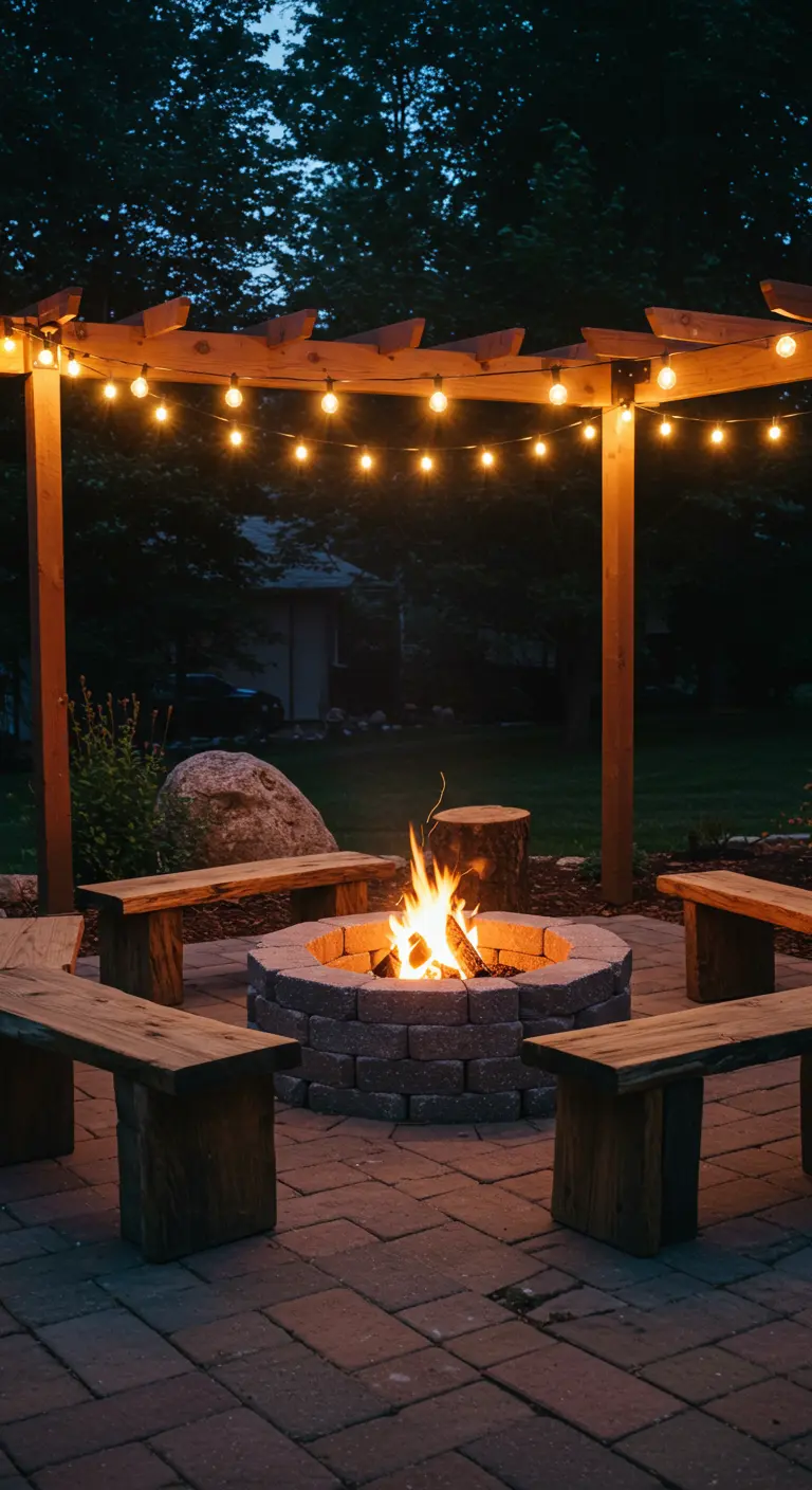 Vuurplaats van stenen met houten bankjes en een pergola met lichtjes.