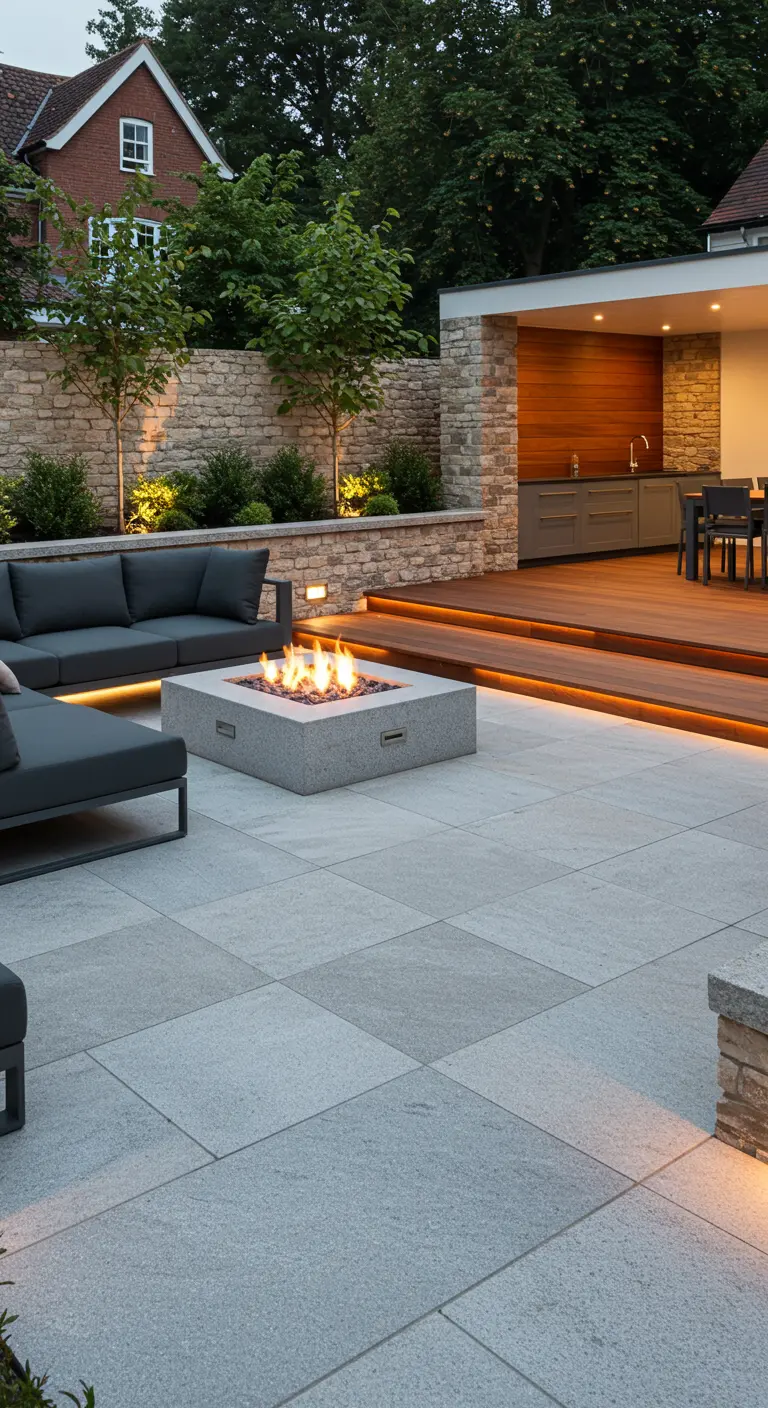 Moderne tuin met grijze tegels, houten vlonder, ingebouwde vuurplaats en sfeervolle verlichting.