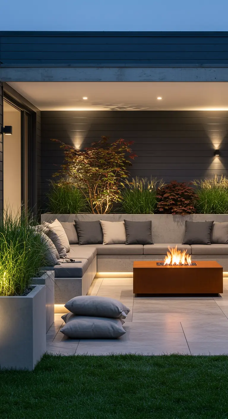 Moderne patio met ingebouwde loungebank, strakke vuurtafel, siergrassen en sfeerverlichting.