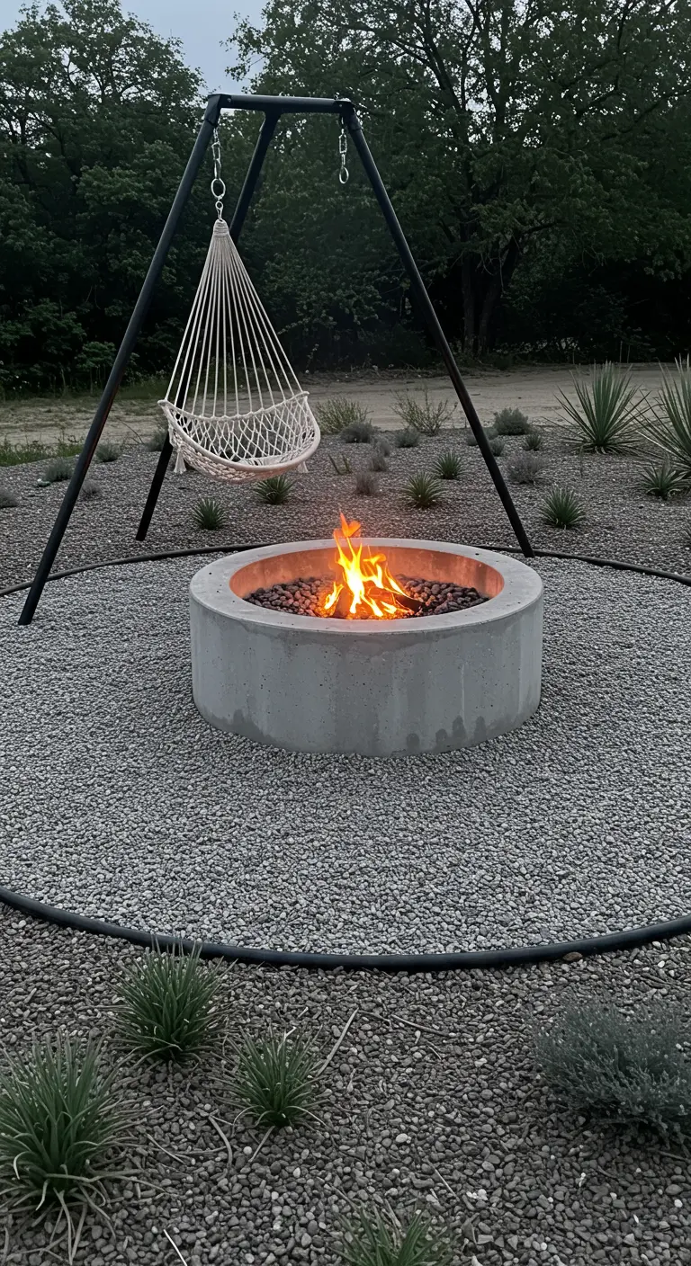 Zwart stalen tripod-frame met macramé hangstoel boven een ronde betonnen vuurplaats op een grindterras