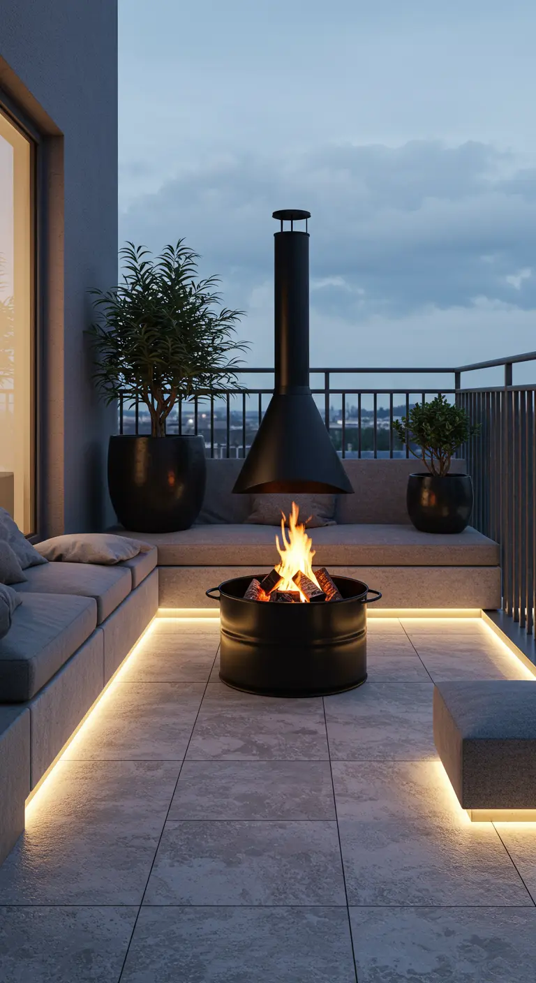 Modern balkon met ingebouwde loungebanken, vuurschaal en sfeervolle LED-verlichting.