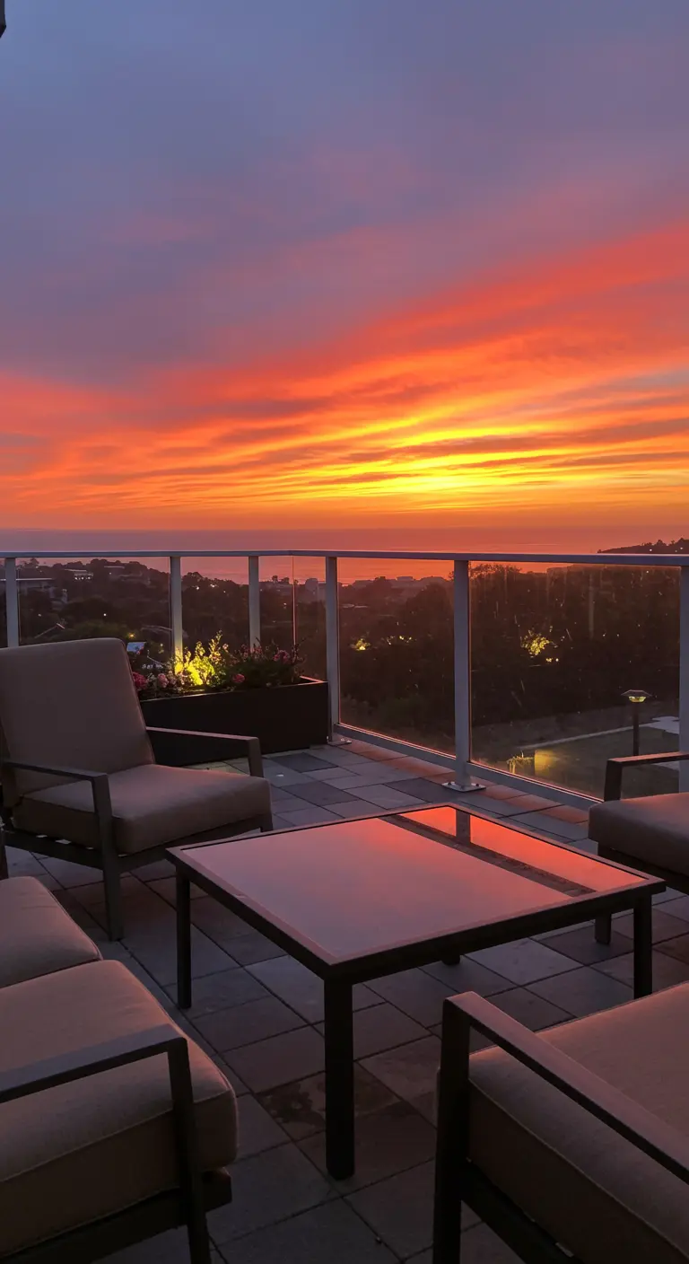 Dakterras met glazen balustrade en comfortabele lounge meubels bij een spectaculaire zonsondergang.