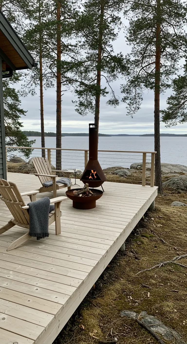 Houten terras aan het water met houten stoelen, een vuurkorf en een vuurzuil.